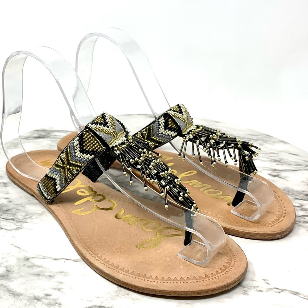 Sam Edelman Anella Beaded Fringe Flip Flops 7.5 Geometric Bohemian Western Artsy - Picture 14 of 16